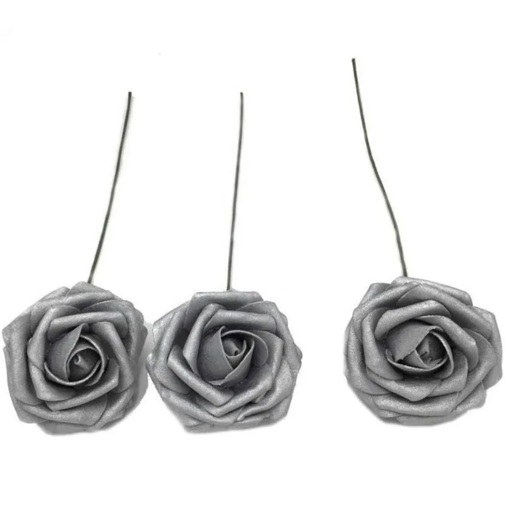 25 pcs Silver Roses Flowers with stems Realistic Floral Grey Wedding Bouquet